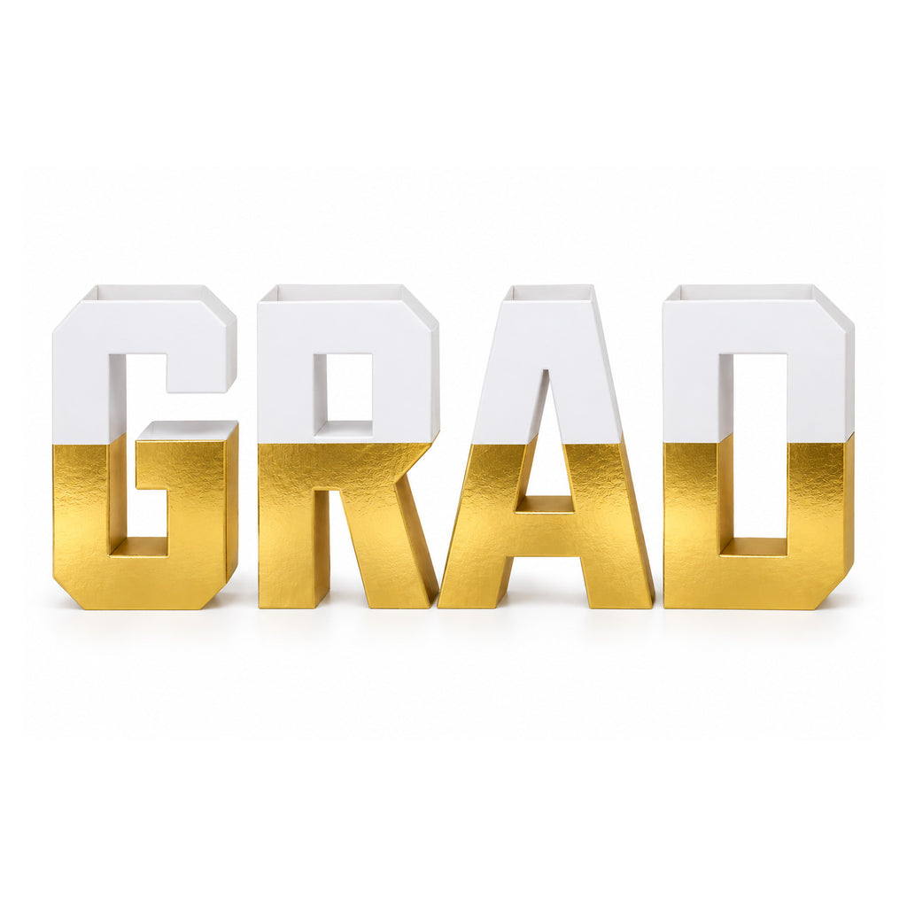 Grad Centerpiece Gold & White Letters