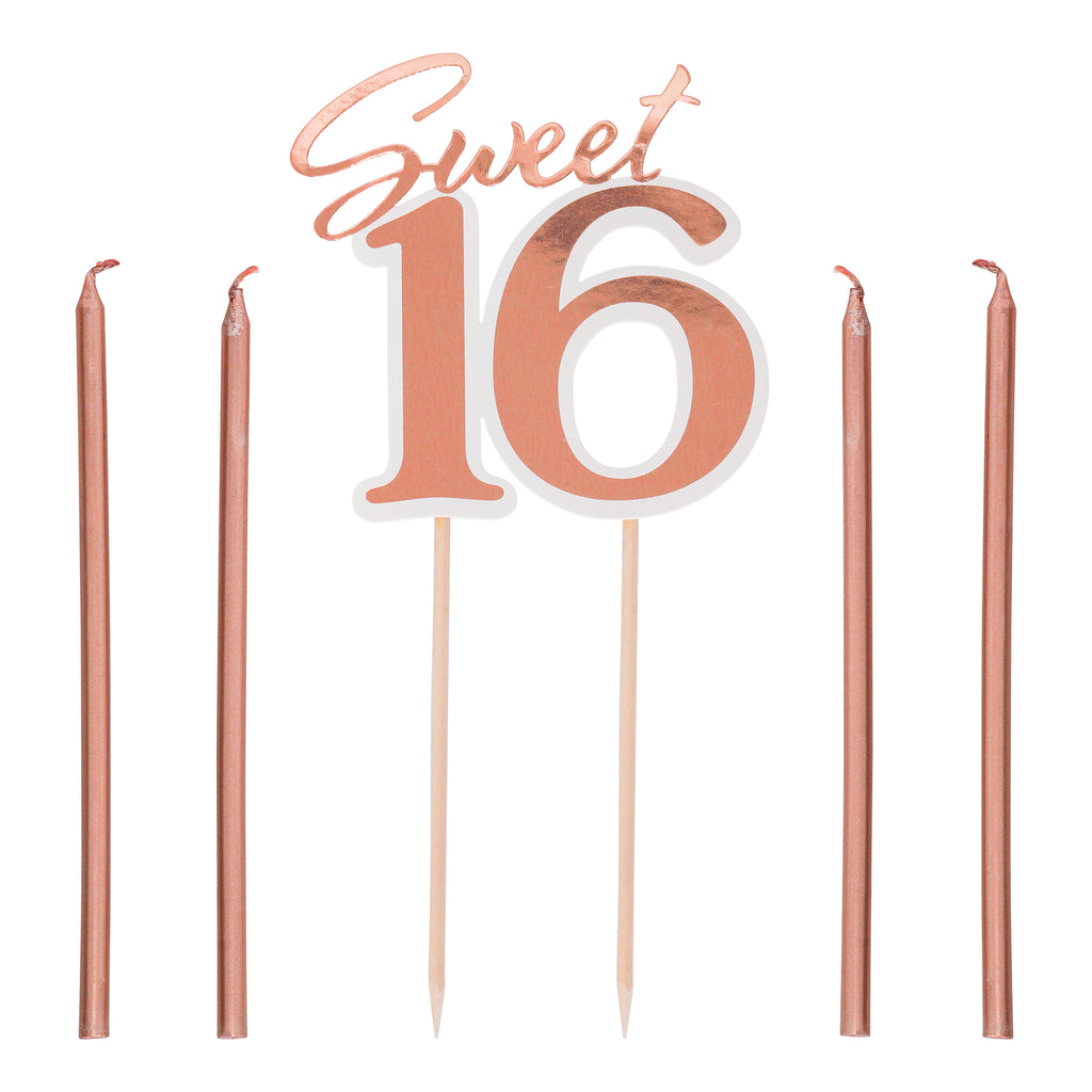 Sweet 16 Rose Gold Glitter Cake Topper + 4 Stick Candles Kit