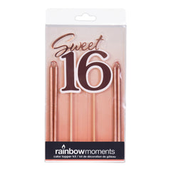 Sweet 16 Rose Gold Glitter Cake Topper + 4 Stick Candles Kit