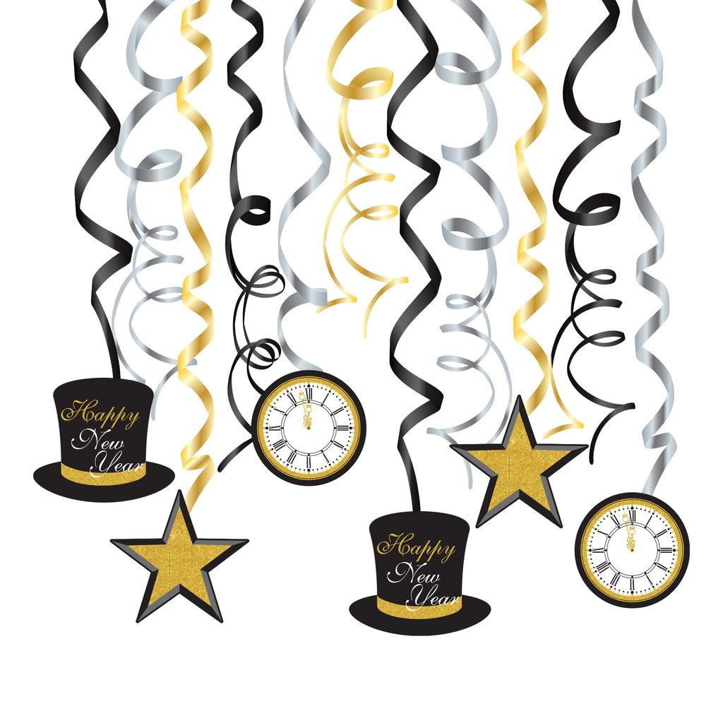 NYE Clock Swirl Decorations with Glitter, 12-pk