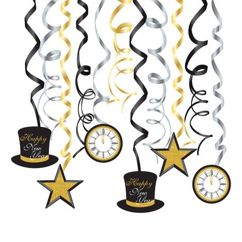 NYE Clock Swirl Decorations with Glitter, 12-pk