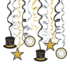 NYE Clock Swirl Decorations with Glitter, 12-pk